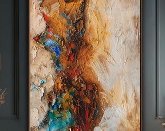 Handmålad stor abstrakt kanvasväggkonst jordfärger blå kraftig texturerad målning modern heminredning unik målningskonst för mamma