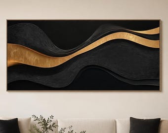 Black and Gold Oil Painting, Textured Abstract Wave Art, Modern Luxury Decor