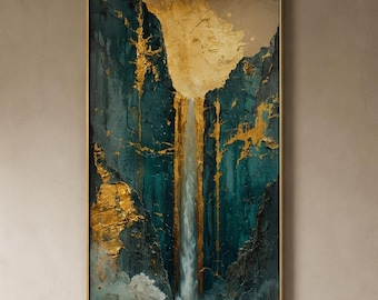 Large Waterfall Oil Painting, Vertical Canyon Canvas Art, Gold Foil Mountain Wall Decor