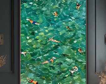 Impression sur toile de nageur empâtement lourd, scène abstraite de l'océan vert, décoration murale côtière