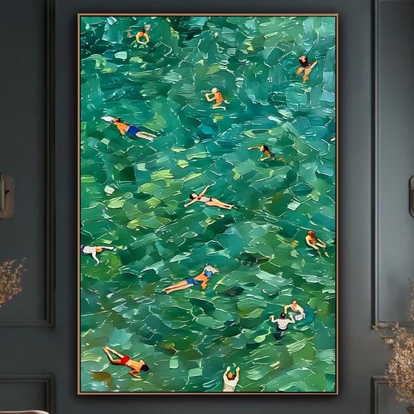 Heavy Impasto Swimmer Canvas Art, Abstract Green Ocean Scene, Coastal Wall Decor