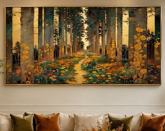 Gustav Klimt Forest Path Oil Painting, Golden Flower Trees Canvas Art, Horizontal Woods Landscape