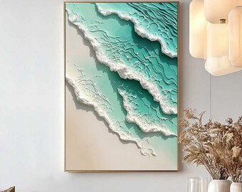 Texturerad abstrakt vågmålning, turkos kustkonst