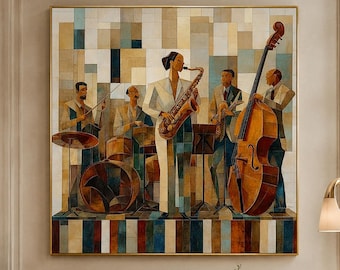 Jazz Band Oil Painting, Mid Century Cubist Canvas Art, Modernist Music Wall Piece
