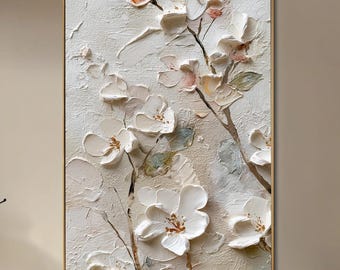 Heavy Impasto White Flower Painting, Textured Neutral Canvas Art, Palette Knife Decor