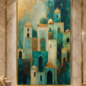 May include: A large rectangular wall painting featuring a stylized architectural scene with multiple towers and domes in shades of teal, turquoise, and gold. The artwork displays intricate textures and layered paint strokes, framed in a thin gold border.