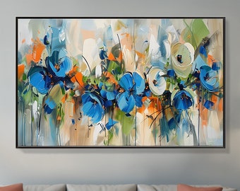 Große abstrakte Blumen Landschaft Ölgemälde auf Leinwand Wandkunst, ursprüngliche blaue Blumenwandkunst benutzerdefinierte Malerei Wohnzimmer Dekor Frühlingsdekor