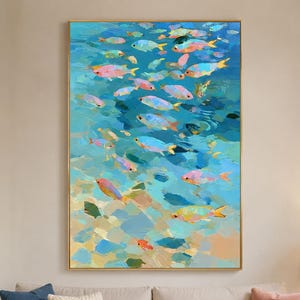 Ocean School Painting, Sunlit Shallow Canvas, Palette Knife Sea Fish Wall Art