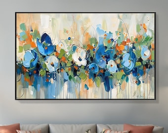 Original Blumenlandschaft Ölgemälde auf Leinwand, große Wandkunst, abstrakte blaue Blumenwandkunst, individuelle Malerei, Wohnzimmer, Heimdekoration, Geschenk