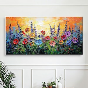 Original Colorful Floral Oil Painting On Canva, Large Abstract 3d Natural landscape Flower Painting, Boho Wall Décor, Living room Wall Decor
