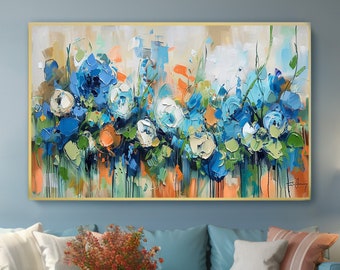 Abstrakte Blumen Landschaftsölgemälde auf Leinwand Große Wandkunst, ursprüngliche blaue Blumenwandkunst kundenspezifische modische Wandkunst Wohnzimmer Hauptdekor