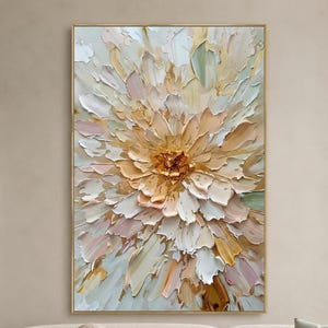 Textured Floral Oil Painting, Heavy Impasto Pastel Canvas Art, Large Gold Leaf Flower Decor