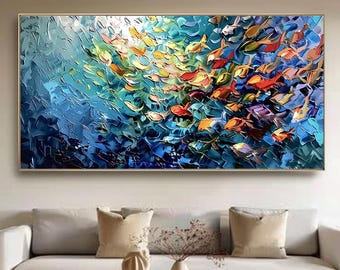 Large 3D Textured School of Fish Oil Painting on Canvas, Hand Painted Heavy Impasto Ocean Art, Nautical Wall Decor, Unique Gift for New Home