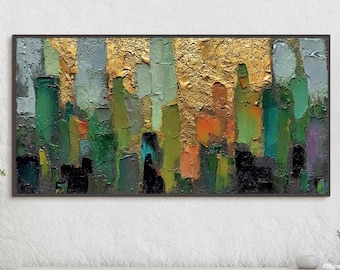 Gold Leaf Canvas Art Green Abstract Oil Painting Luxury Thick Textured Wall Decor Modern Living Room Artwork Unique Housewarming Gift