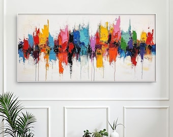 Gran pintura abstracta al óleo sobre lienzo, colorida técnica de impasto texturizada
