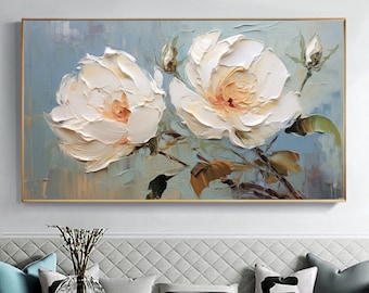 Original Large Flower Oil Painting on Canvas, Canvas Wall Art Minimalist Abstract Floral Art White Decor Custom Painting Living Room Decor