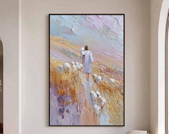 Jesus Christ Painting The Good Shepherd, Textured Christian Wall Art, Impasto Lamb of God Artwork, Large Spiritual Bible Art for Home Decor