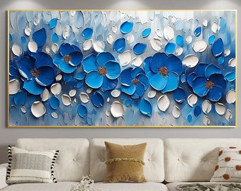 Abstract 3D Floral Oil Painting, Large Blue Flower Wall Art