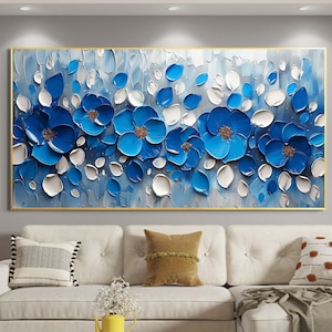 Original Blue Floral Oil Painting On Canvas, Large Wall Art, Abstract 3d Flower Wall Decor, Custom Painting Minimalist Living Room Decor