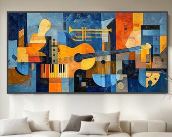 Abstract Minimalist Blue Guitar Oil Painting,Framed Canvas Art for Music Room,Aesthetic Modernist Wall Hanging,Anniversary Housewarming Gift