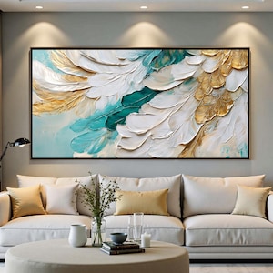 Gold White Textured Feather Abstract Oil Painting, Large Original Impasto Painting, Modern Wall Art, Luxury High-end Home Decor,Office Decor