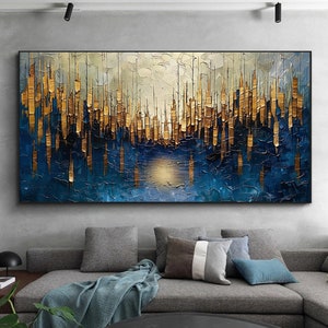 Peinture à l'huile dorée sur toile, art mural texturé minimaliste abstrait bleu