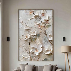 Extra Large Original Floral Oil Painting on Canvas, Hand-Painted 3D Textured White Flower Art, Luxury High-end Home Decor, Living Room Decor