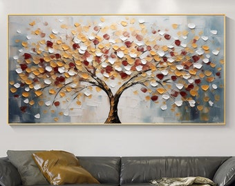 Gran pintura al óleo de árbol colorido abstracto sobre lienzo, arte de pared de textura original, pintura personalizada arte de moda decoración de la sala de estar regalo hecho a mano