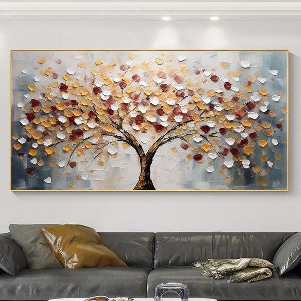 Grand arbre coloré abstrait peinture à l'huile sur toile, art mural texturé original, peinture personnalisée art tendance salon décoration cadeau fait main