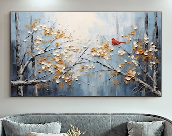 May include: A painting of a red bird perched on a branch of a tree with white and yellow blossoms. The background is a blue and white abstract design.