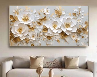 Textured White Gold Blossom Canvas Art, Impasto Floral Wall Decor