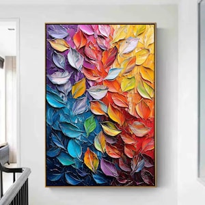 Vibrant Abstract Colorful Leaves Oil Painting on Canvas, Large Wall Art,Original 3D Textured Palette Knife Painting,Modern Living Room Decor
