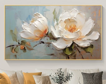 Abstract Flower Oil Painting on Canvas, Large Wall Art Original White Floral Wall Art Custom Painting Boho Wall Decor Living Room Home Decor