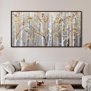 Textured Gold Leaf Birch Forest Oil Painting, Abstract Nature Landscape Wall Art