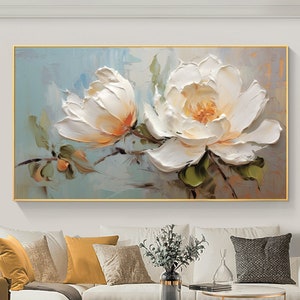 Abstract Flower Oil Painting on Canvas, Large Wall Art Original White Floral Wall Art Custom Painting Boho Wall Decor Living Room Home Decor