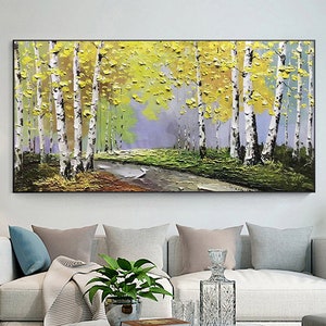 Abstract Forest Landscape Oil Painting on Canvas,Large Wall Art Original Yellow Tree Wall Art Custom Painting Autumn Decor Living Room Decor