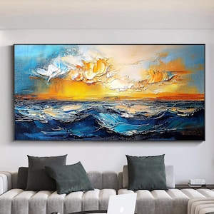 Original Blue Ocean Oil Painting on Canvas,Abstract Yellow Sunset twilight Painting, Boho Wall Décor,Large Custom Painting,Living Room Decor