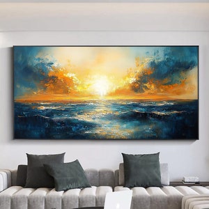 Large Abstract Blue Ocean Oil Painting on Canvas,Original Yellow Sunset twilight Painting, Boho Wall Décor,Custom Painting,Living Room Decor