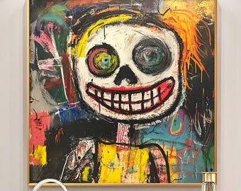 Pintura al óleo original de una calavera estilo grafiti, arte expresionista audaz
