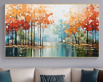 Original Autumn Forest Oil Painting, Abstract Tree Landscape, Large Wall Art