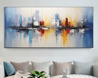 Abstract Ocean Cityscape Oil Painting on Canvas, Large Wall Art Original Blue Seascape Painting Custom Painting Minimalist Living Room Decor