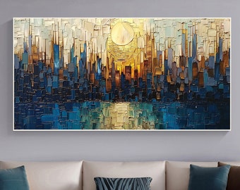 Könnte beinhalten: Abstrakte Malerei einer Stadtlandschaft mit einer großen gelben Sonne am Himmel. Das Gemälde ist in einer Palette von Blau-, Gelb- und Brauntönen gehalten. Die Stadt ist als eine Reihe von rechteckigen Blöcken dargestellt, die einen strukturierten Effekt erzeugen.