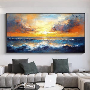 Abstract Ocean Oil Painting on Canvas, Large Wall Art, Original Blue Ocean Wave Sunset Painting, Custom Painting, Modern Living Room Decor