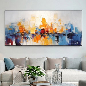 Abstract Textured Cityscape Oil Painting on Canvas, Large Wall Art Original Colorful Ocean Wall Art Custom Painting Living Room Wall Decor