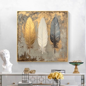 Abstract Golden Feather Oil Painting on Canvas,Original White Feather painting, Large Wall Art,Custom Modern painting,Living Room Decor Gift