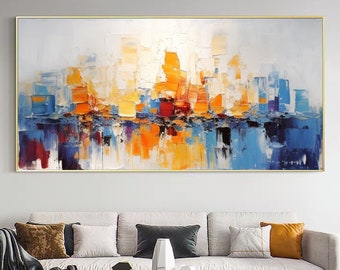 Abstract Textured Cityscape Oil Painting on Canvas, Large Wall Art Original Colorful Ocean Wall Art Custom Painting Living Room Wall Decor