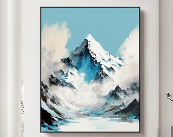 Abstraktes Ölgemälde Schneeberge Auf Leinwand, Große Wandkunst, Original Landschaftsgemälde Blauer Himmel, Benutzerdefinierte Malerei Minimalistische Hausdekoration