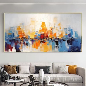 Abstract Textured Cityscape Oil Painting on Canvas, Large Wall Art Original Colorful Ocean Wall Art Custom Painting Living Room Wall Decor