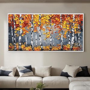 Abstract Autumn Birch Tree Oil Painting on Canvas, Vibrant Yellow & Orange Textured Fall Forest Art,Palette Knife Landscape Art,Office Decor