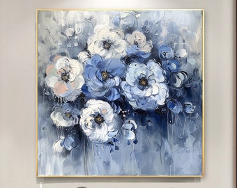 Large Abstract Flower Oil Painting on Canvas Wall Art,Original White Floral Wall Art Custom Painting Fashion Living Room Decor Handmade Gift